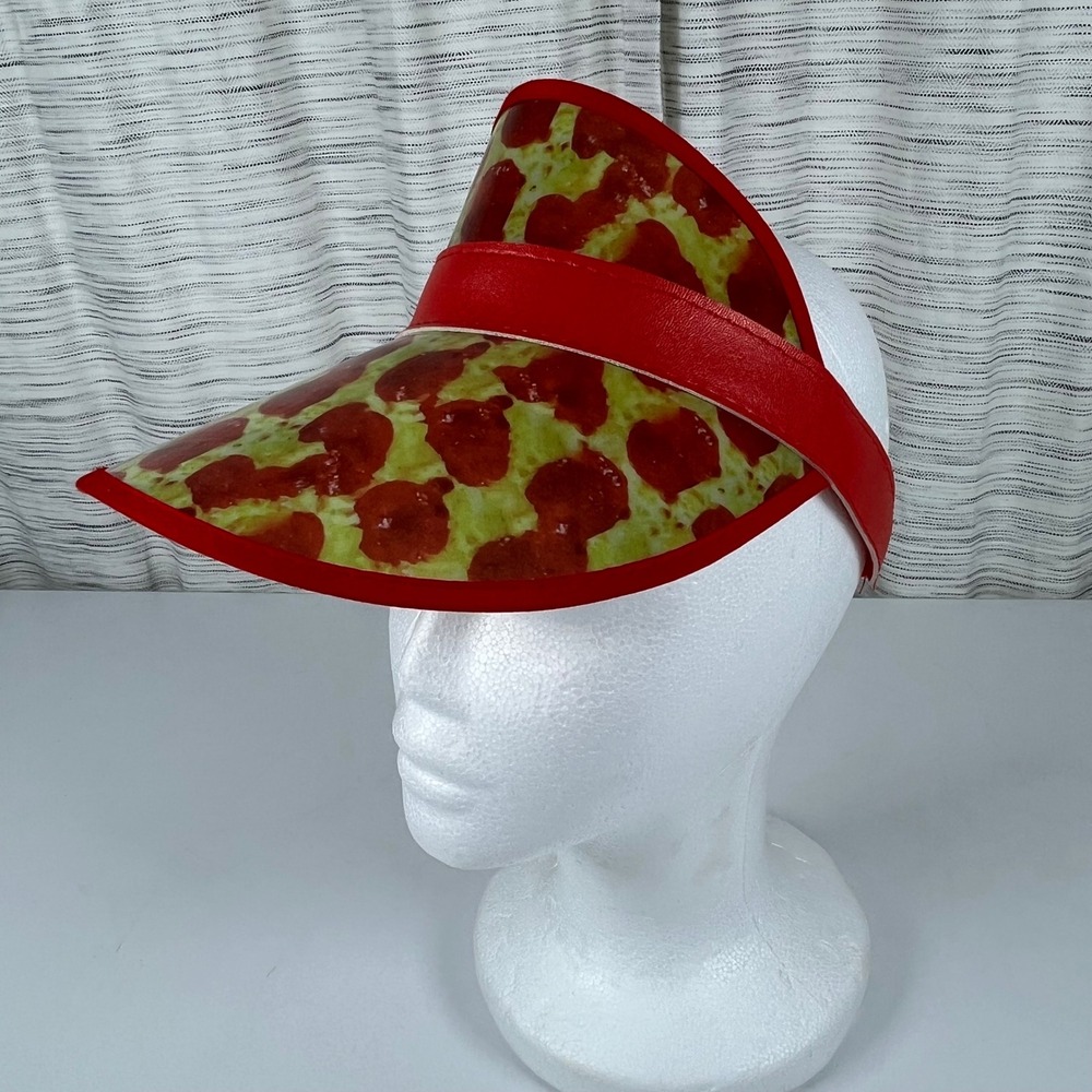 Pepperoni Pizza Novelty Sun Visor Red Translucent Plastic Elastic Back Hat